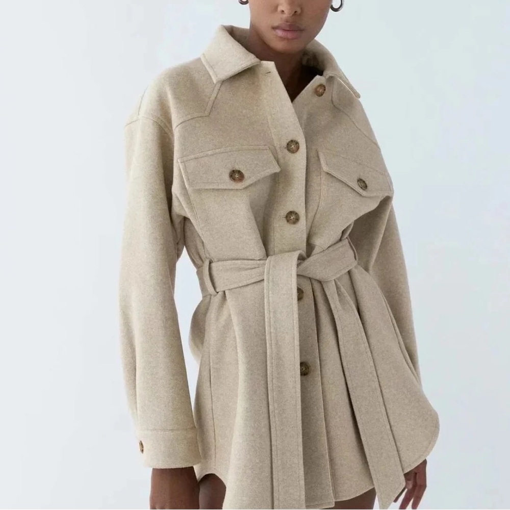Zara Beige Cream Wool Overshirt Jacket Shacket Belted Size Small